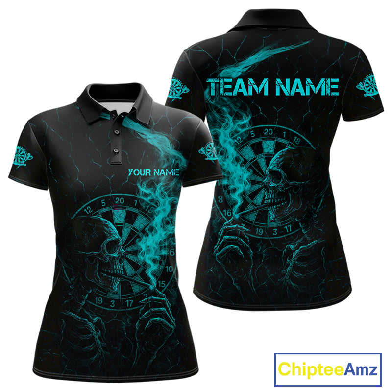 Teal Smoking Skeleton Bone Cracked Dartboard Custom Women Polo Dart Jerseys Dart Gifts NYN2034