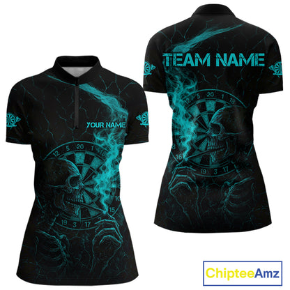 Teal Smoking Skeleton Bone Cracked Dartboard Custom Women Quarter-Zip Dart Jerseys Dart Gifts NYN2034