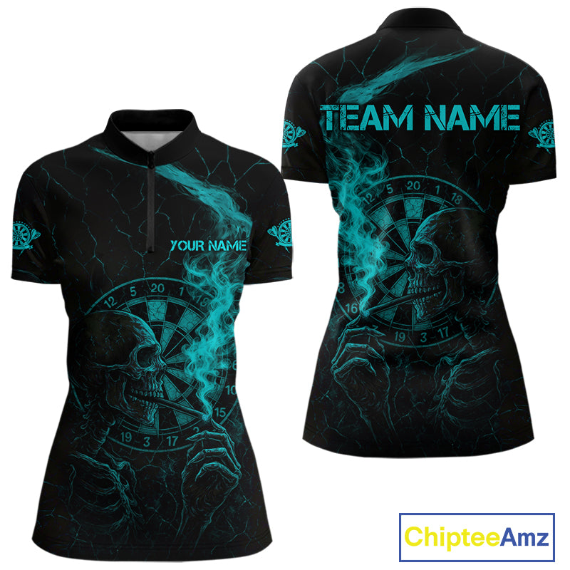 Teal Smoking Skeleton Bone Cracked Dartboard Custom Women Quarter-Zip Dart Jerseys Dart Gifts NYN2034