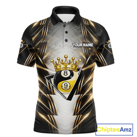 Grey, Black And Gold 8 Ball Crown Billiard Polo & 1/4 Zip Shirt For Men Custom Pool Team Jersey NYN2921