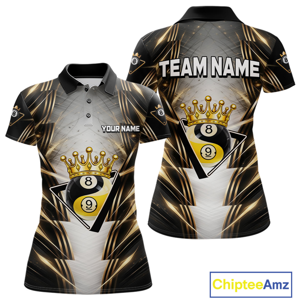 Grey, Black And Gold 8 Ball Crown Billiard Polo & 1/4 Zip Shirt For Women Custom Pool Team Jersey NYN2921