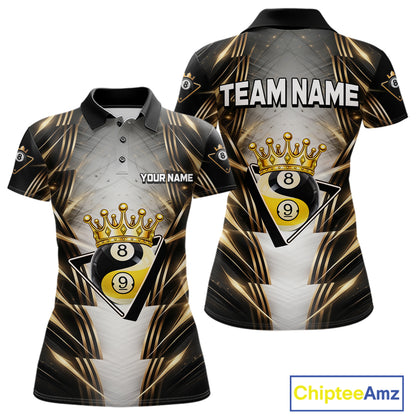 Grey, Black And Gold 8 Ball Crown Billiard Polo & 1/4 Zip Shirt For Women Custom Pool Team Jersey NYN2921
