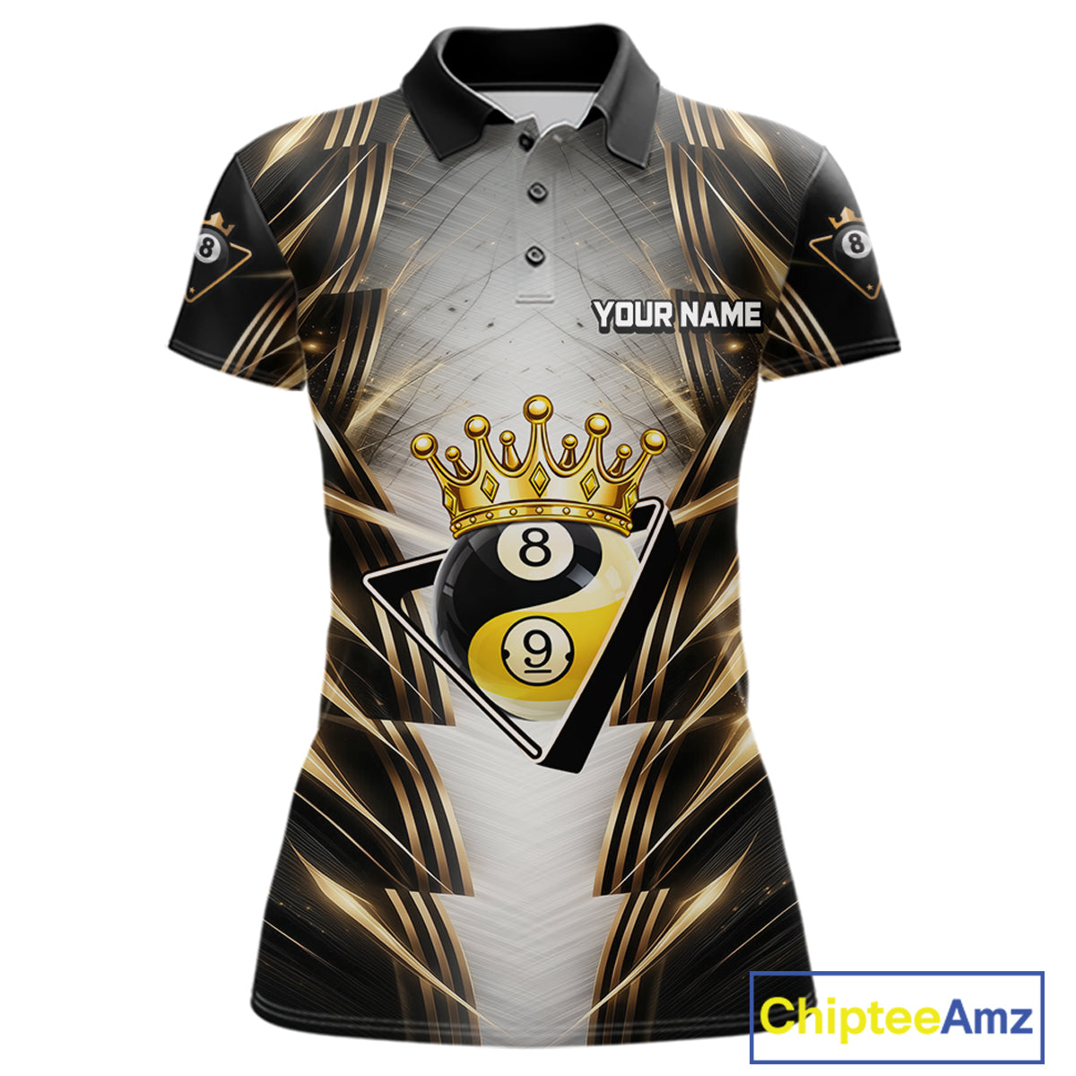 Grey, Black And Gold 8 Ball Crown Billiard Polo & 1/4 Zip Shirt For Women Custom Pool Team Jersey NYN2921
