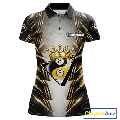 Grey, Black And Gold 8 Ball Crown Billiard Polo & 1/4 Zip Shirt For Women Custom Pool Team Jersey NYN2921