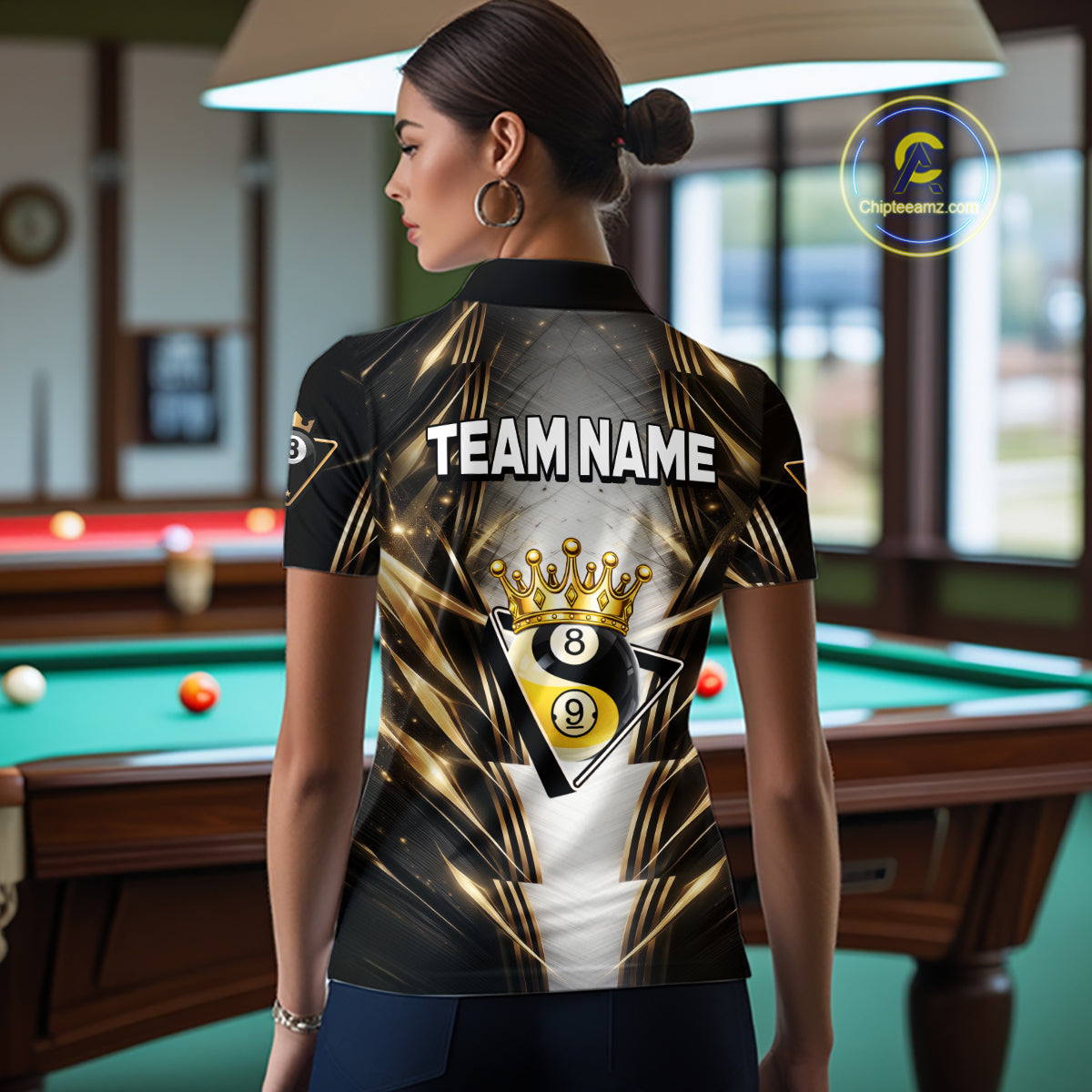 Grey, Black And Gold 8 Ball Crown Billiard Polo & 1/4 Zip Shirt For Women Custom Pool Team Jersey NYN2921