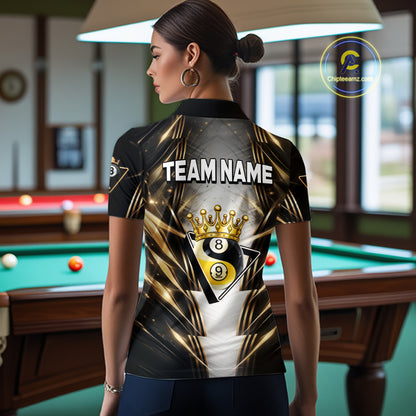 Grey, Black And Gold 8 Ball Crown Billiard Polo & 1/4 Zip Shirt For Women Custom Pool Team Jersey NYN2921