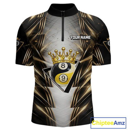 Grey, Black And Gold 8 Ball Crown Billiard Polo & 1/4 Zip Shirt For Men Custom Pool Team Jersey NYN2921