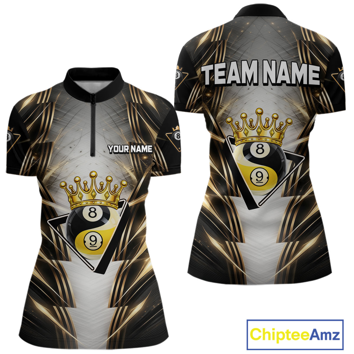 Grey, Black And Gold 8 Ball Crown Billiard Polo & 1/4 Zip Shirt For Women Custom Pool Team Jersey NYN2921