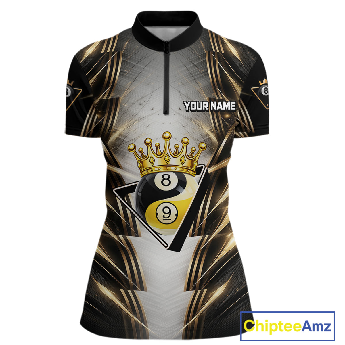 Grey, Black And Gold 8 Ball Crown Billiard Polo & 1/4 Zip Shirt For Women Custom Pool Team Jersey NYN2921