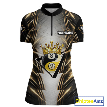 Grey, Black And Gold 8 Ball Crown Billiard Polo & 1/4 Zip Shirt For Women Custom Pool Team Jersey NYN2921