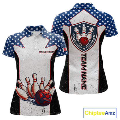 Grunge Patriotic Bowling Jerseys For Women Custom US Flag Bowling Polo 1/4-Zip Shirt, Gift For Bowlers NYN3126