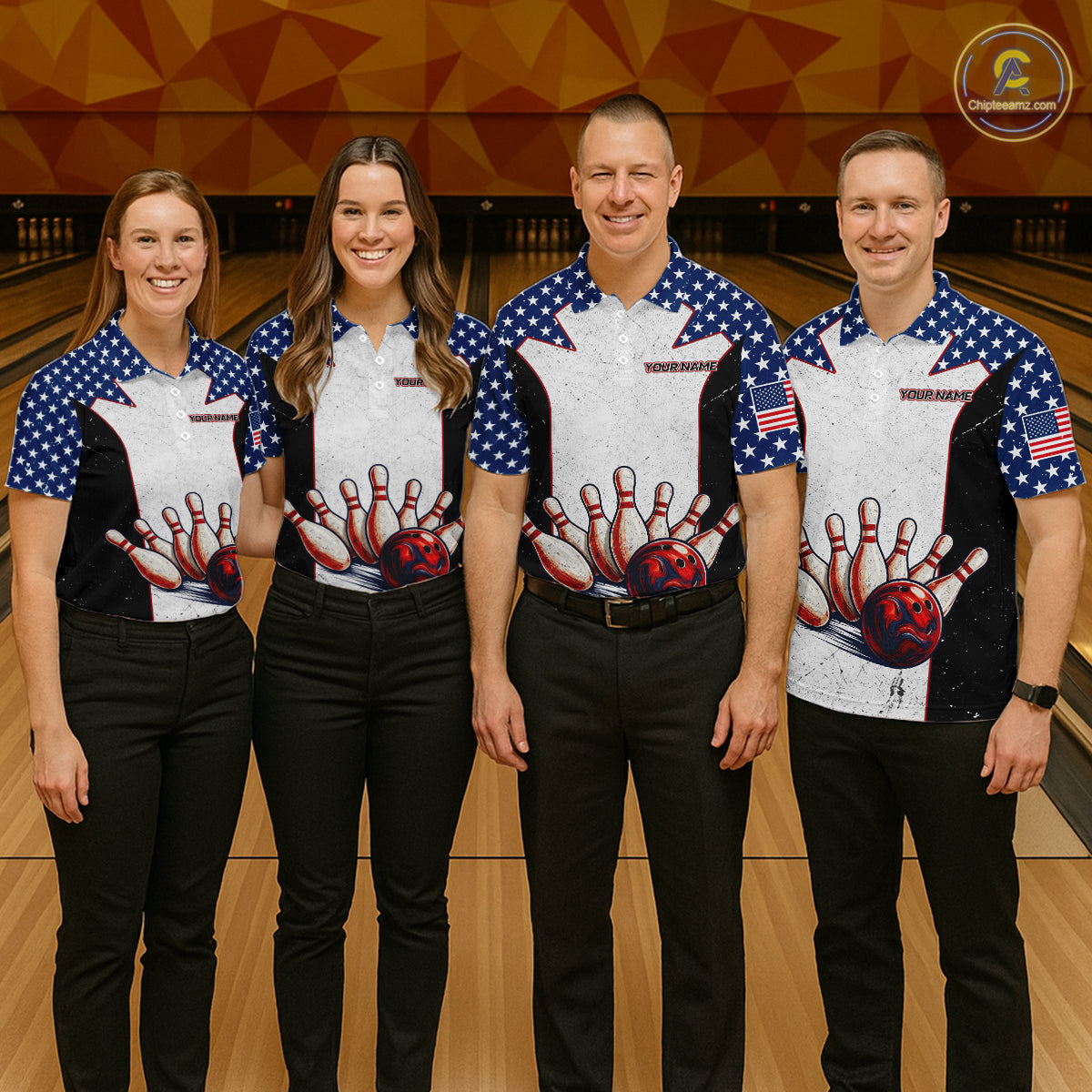 Grunge Patriotic Bowling Jerseys For Women Custom US Flag Bowling Polo 1/4-Zip Shirt, Gift For Bowlers NYN3126