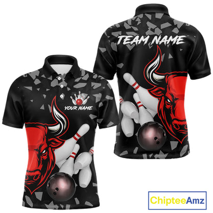 Funny Bull Grunge Red Bowling Polo & 1/4 Zip Shirts For Men Custom Outftis Team Bowling Jerseys NYN3129