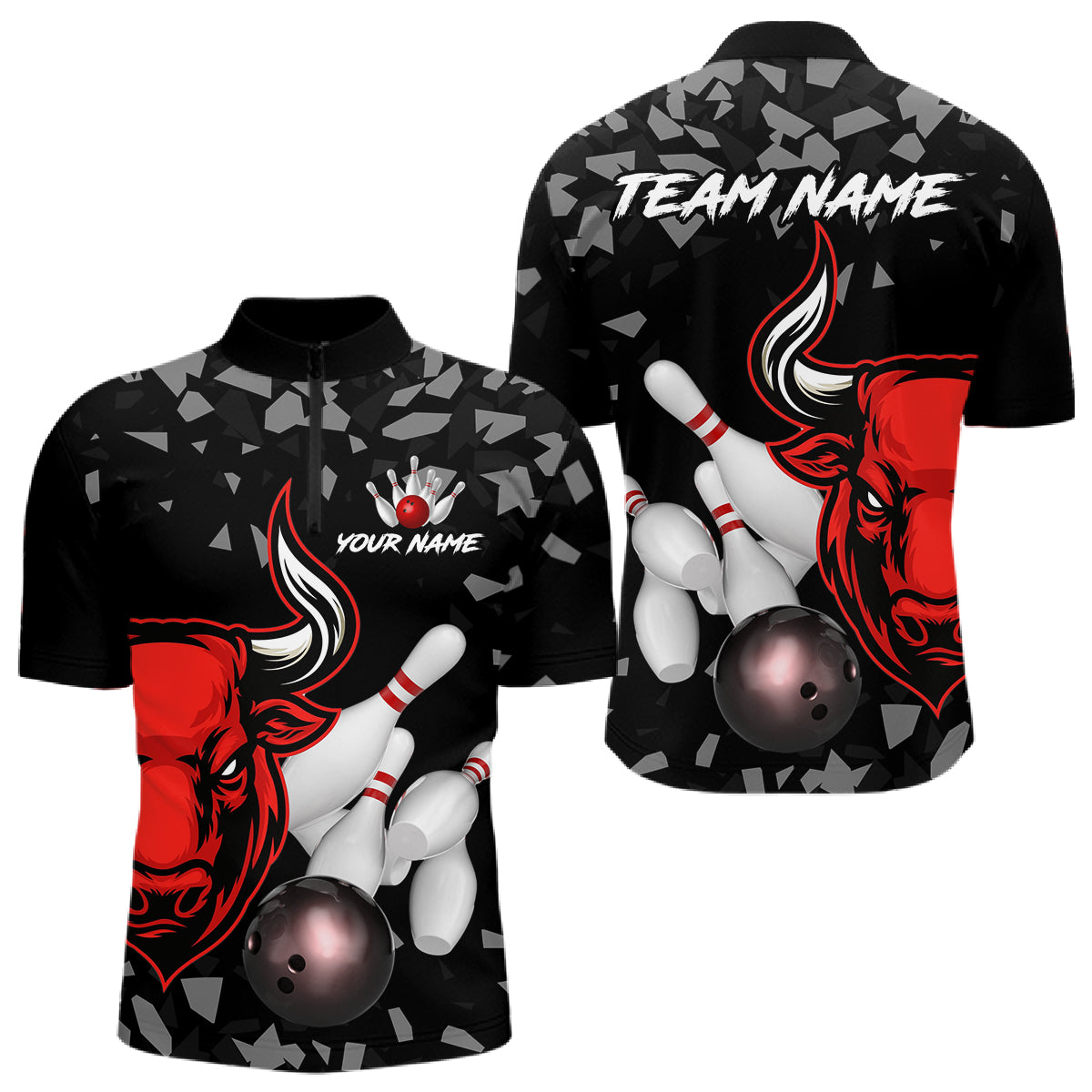 Funny Bull Grunge Red Bowling Polo & 1/4 Zip Shirts For Men Custom Outftis Team Bowling Jerseys NYN3129