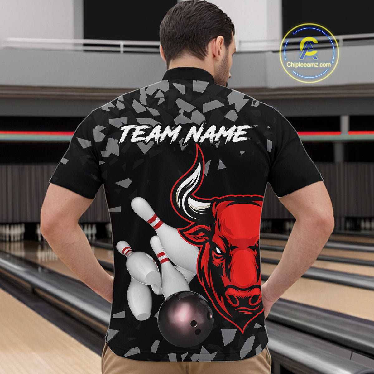 Funny Bull Grunge Red Bowling Polo & 1/4 Zip Shirts For Men Custom Outftis Team Bowling Jerseys NYN3129