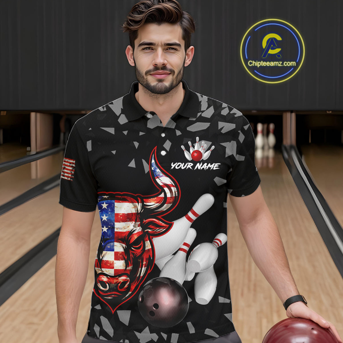 Funny US Flag Bull Grunge Bowling Polo & 1/4 Zip Shirts For Men Custom Team Bowling Jerseys NYN3130