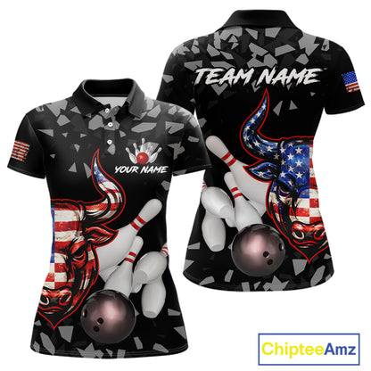 Funny US Flag Bull Grunge Bowling Polo & 1/4 Zip Shirts For Women Custom Team Bowling Jerseys NYN3130