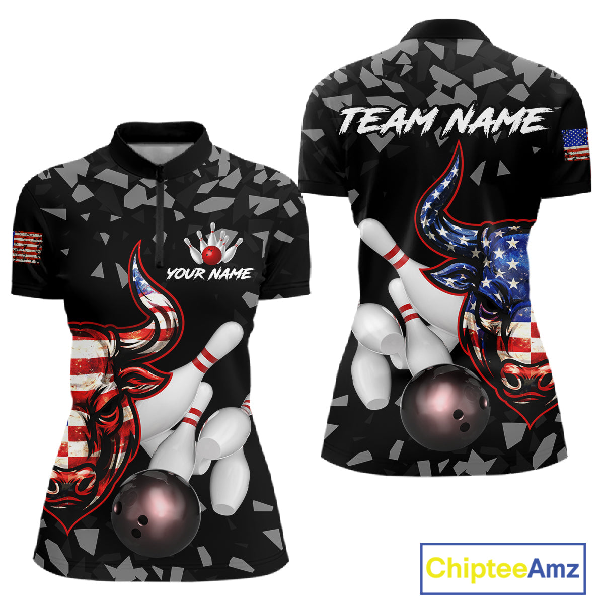 Funny US Flag Bull Grunge Bowling Polo & 1/4 Zip Shirts For Women Custom Team Bowling Jerseys NYN3130