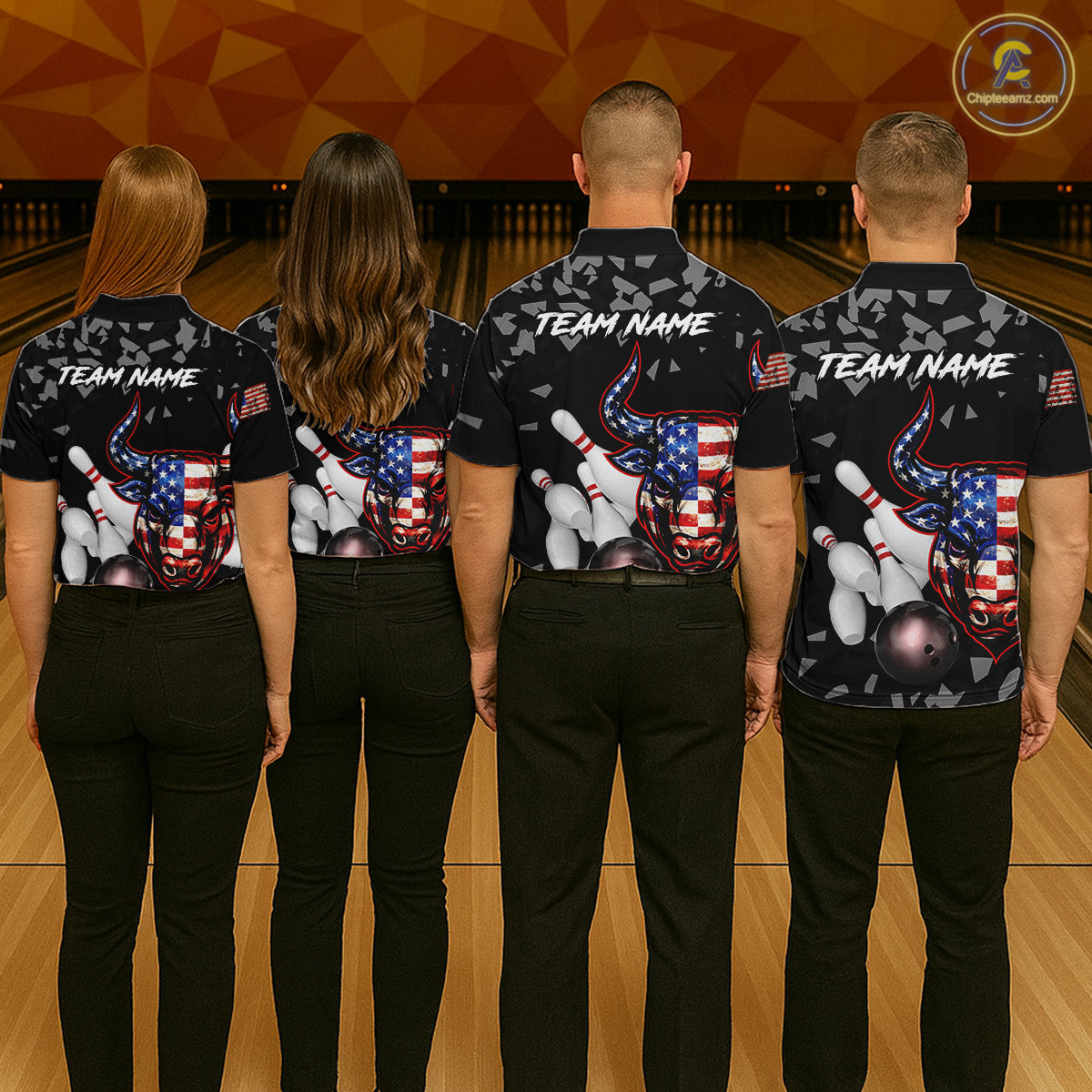 Funny US Flag Bull Grunge Bowling Polo & 1/4 Zip Shirts For Women Custom Team Bowling Jerseys NYN3130