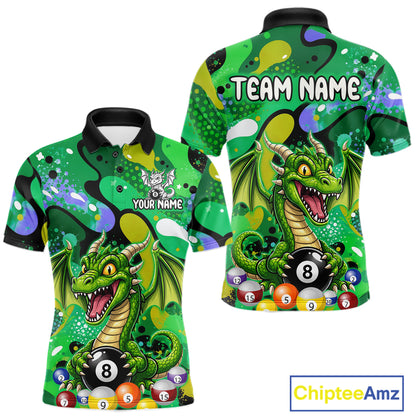 Green splatter funny dragon 8 ball billiard polo shirt for men custom pool team jersey