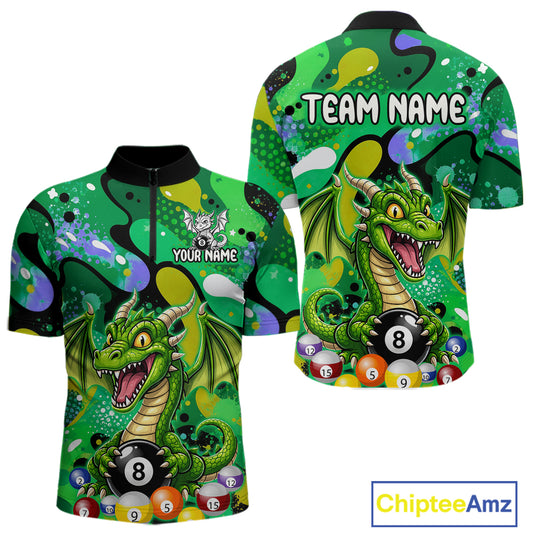 Green splatter funny dragon 8 ball billiard 1/4-zip shirt for men custom pool team jersey