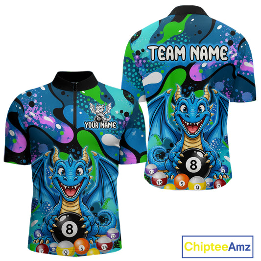Blue splatter funny dragon 8 ball billiard 1/4-zip shirt for men custom team apparel