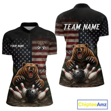 Load image into Gallery viewer, Funny retro bear women's bowling quarter-zip shirt, patriotic bowling jersey, American flag bowling team uniform, custom bowling apparel