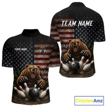 Load image into Gallery viewer, Funny retro bear men's bowling quarter-zip shirt, patriotic bowling jersey, American flag bowling team uniform, custom bowling apparel