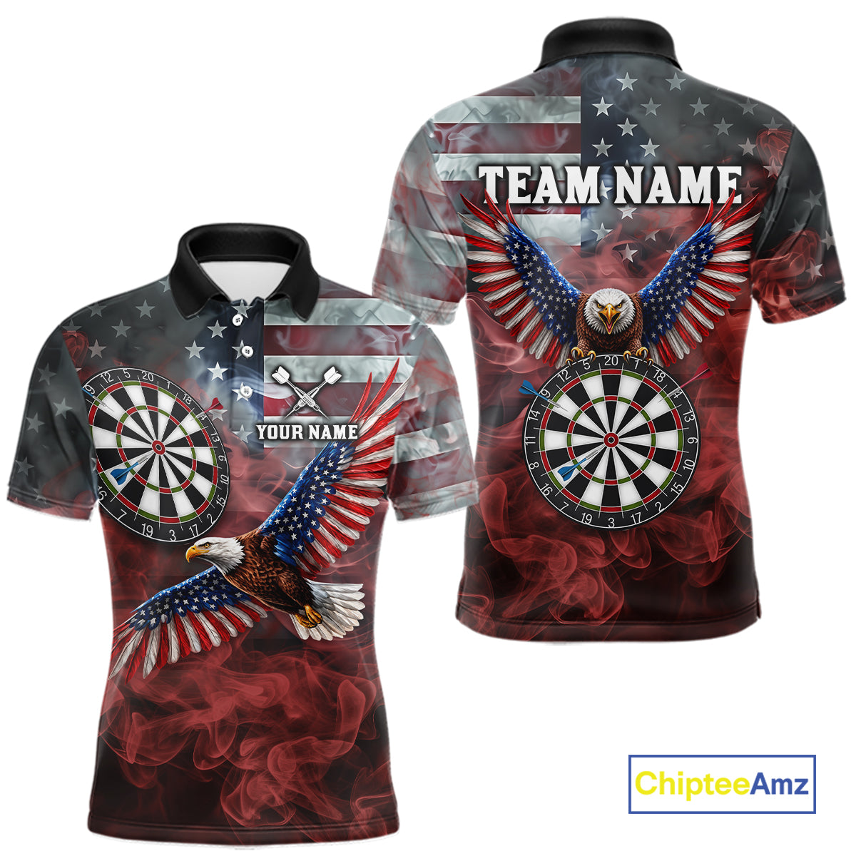 Red Grey Smoke American Flag Eagle Darts Team Shirt For Men Custom Patriotic Dart Polo 1/4-Zip Jersey NYN4202