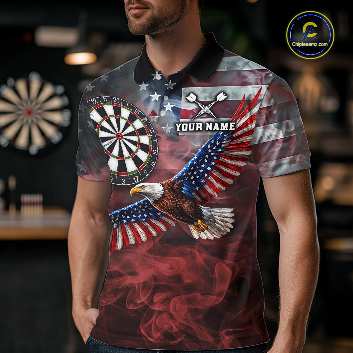 Red Grey Smoke American Flag Eagle Darts Team Shirt For Men Custom Patriotic Dart Polo 1/4-Zip Jersey NYN4202