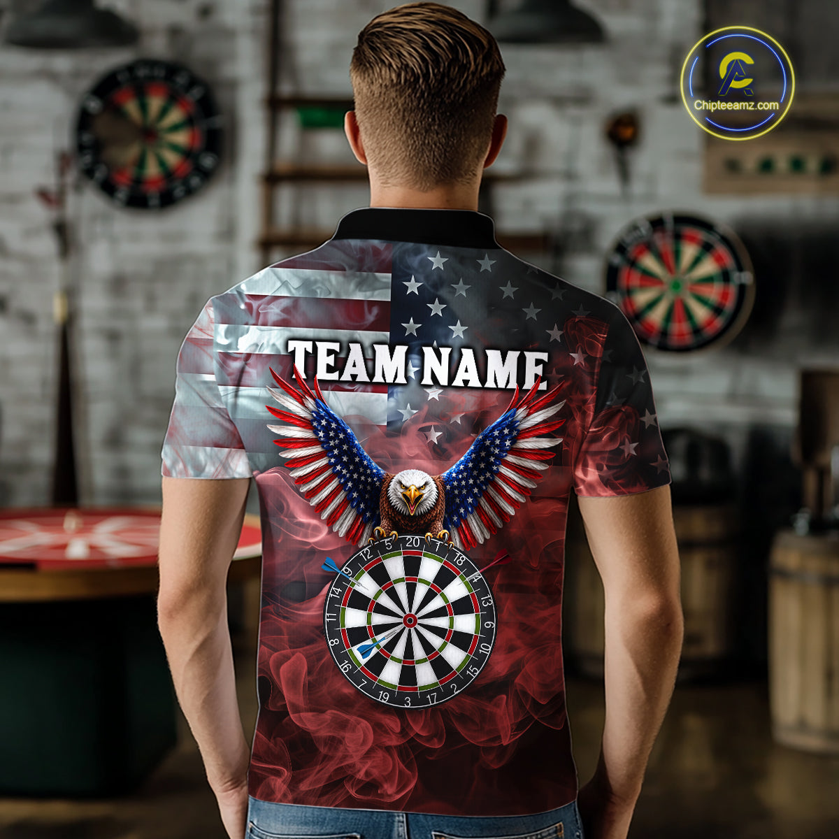 Red Grey Smoke American Flag Eagle Darts Team Shirt For Men Custom Patriotic Dart Polo 1/4-Zip Jersey NYN4202