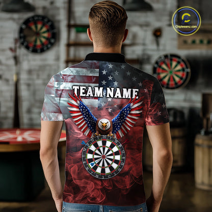 Red Grey Smoke American Flag Eagle Darts Team Shirt For Men Custom Patriotic Dart Polo 1/4-Zip Jersey NYN4202