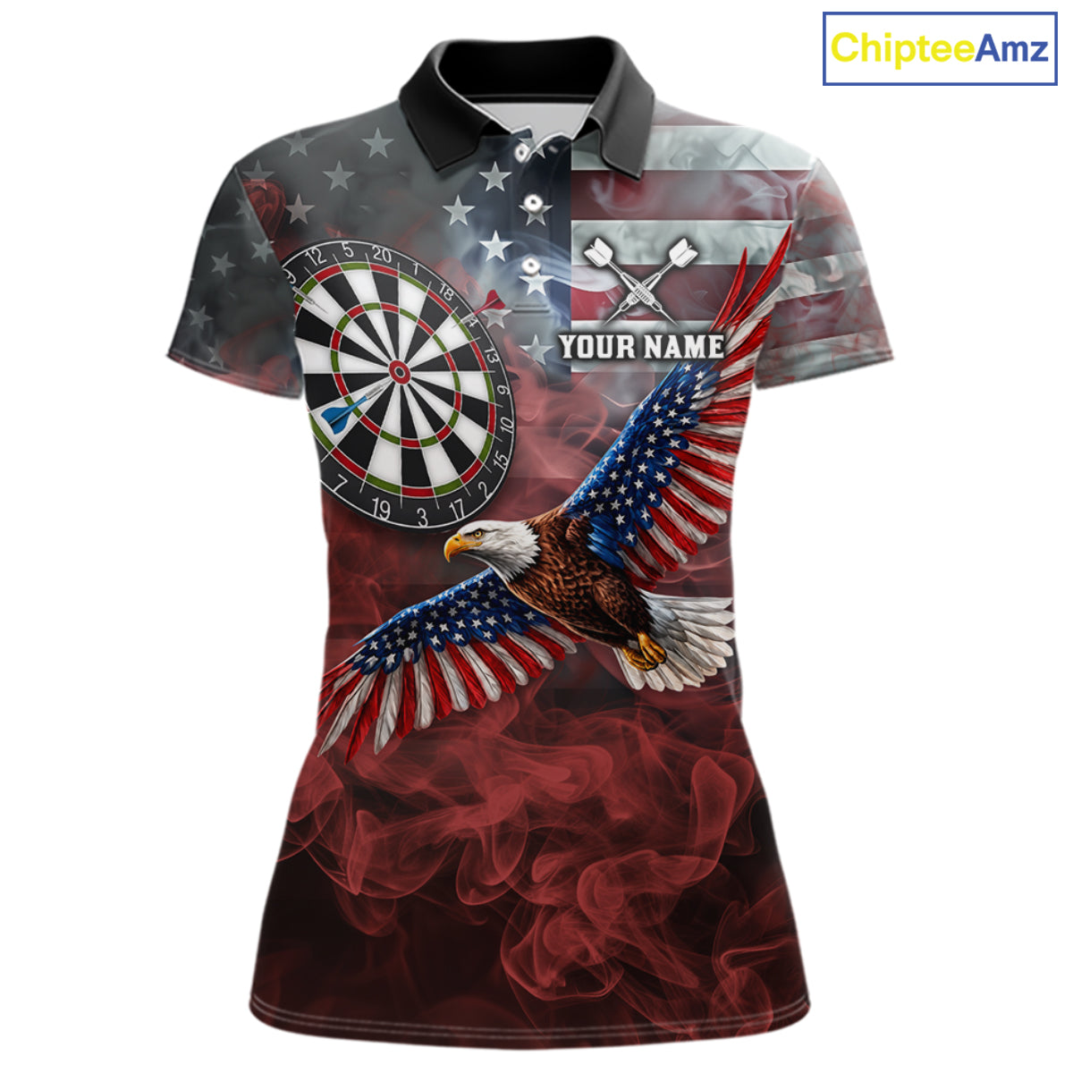 Red Grey Smoke American Flag Eagle Darts Team Shirt For Women Custom Patriotic Dart Polo 1/4-Zip Jersey NYN4202
