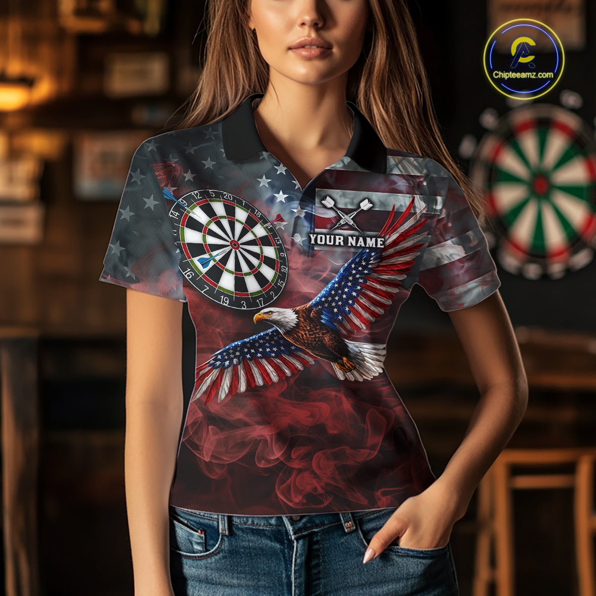 Red Grey Smoke American Flag Eagle Darts Team Shirt For Women Custom Patriotic Dart Polo 1/4-Zip Jersey NYN4202