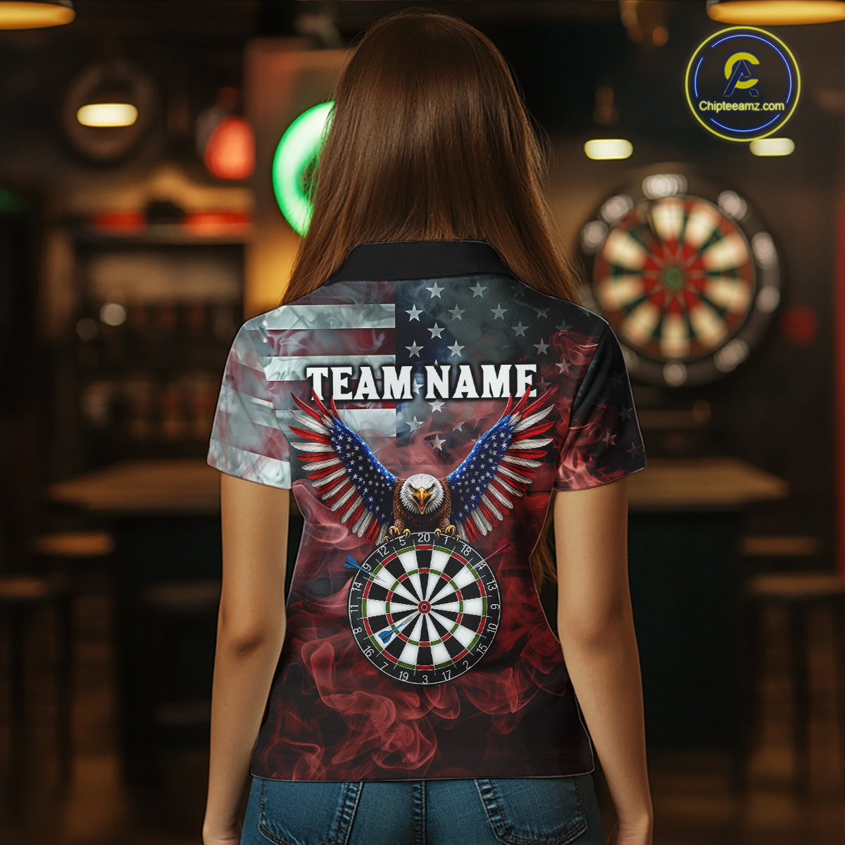 Red Grey Smoke American Flag Eagle Darts Team Shirt For Women Custom Patriotic Dart Polo 1/4-Zip Jersey NYN4202