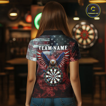 Red Grey Smoke American Flag Eagle Darts Team Shirt For Women Custom Patriotic Dart Polo 1/4-Zip Jersey NYN4202