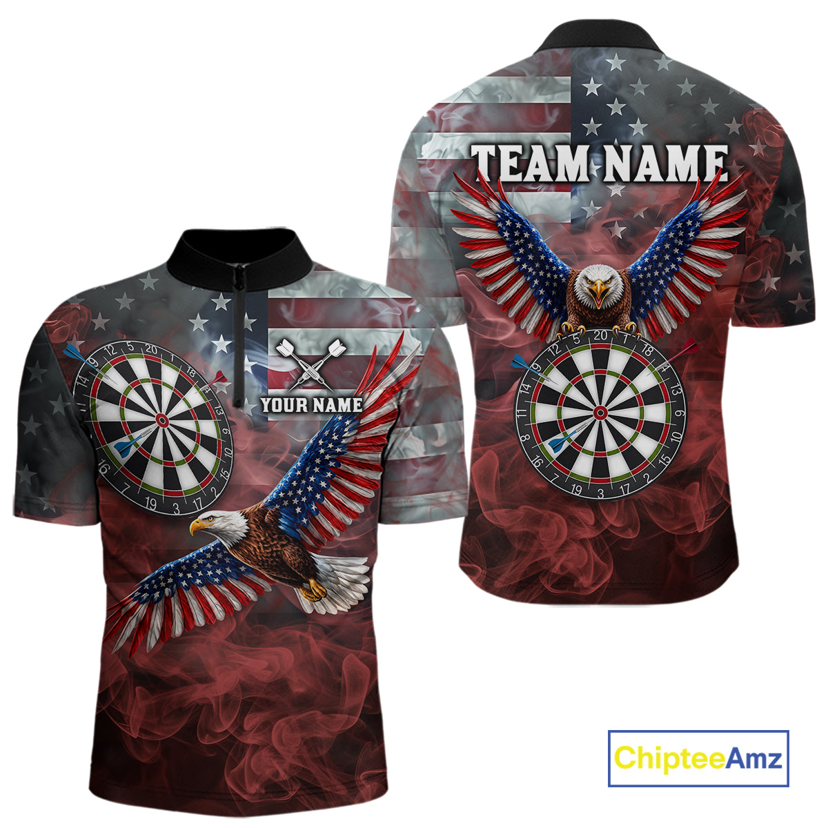 Red Grey Smoke American Flag Eagle Darts Team Shirt For Men Custom Patriotic Dart Polo 1/4-Zip Jersey NYN4202