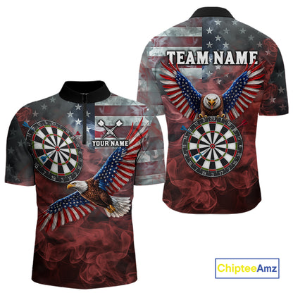 Red Grey Smoke American Flag Eagle Darts Team Shirt For Men Custom Patriotic Dart Polo 1/4-Zip Jersey NYN4202