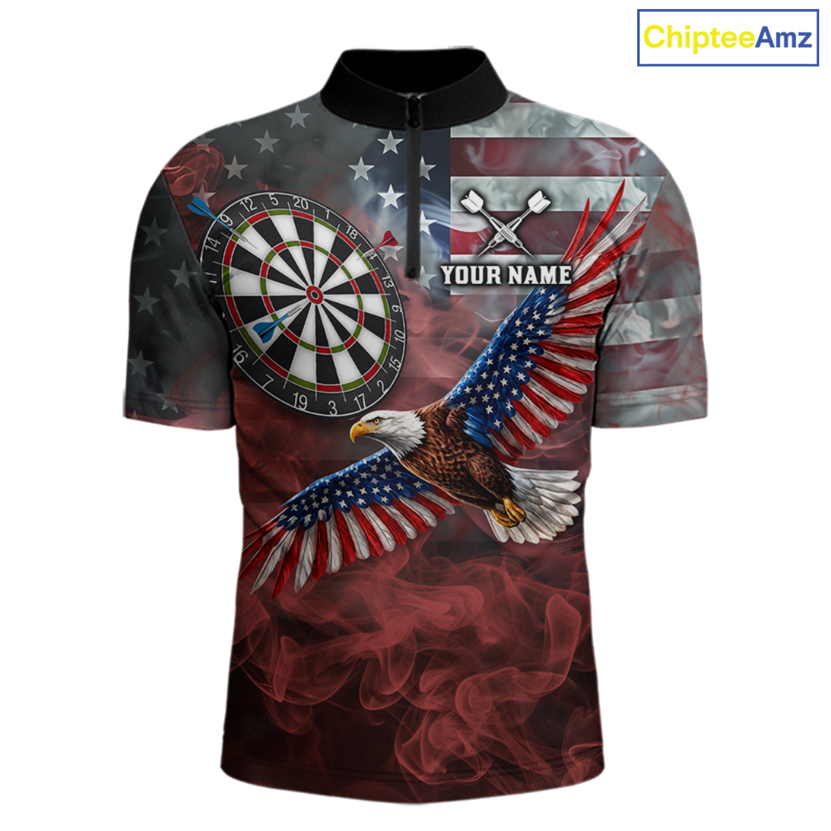 Red Grey Smoke American Flag Eagle Darts Team Shirt For Men Custom Patriotic Dart Polo 1/4-Zip Jersey NYN4202