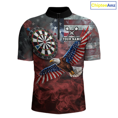 Red Grey Smoke American Flag Eagle Darts Team Shirt For Men Custom Patriotic Dart Polo 1/4-Zip Jersey NYN4202