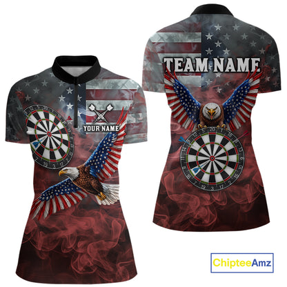 Red Grey Smoke American Flag Eagle Darts Team Shirt For Women Custom Patriotic Dart Polo 1/4-Zip Jersey NYN4202