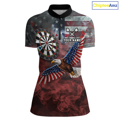 Red Grey Smoke American Flag Eagle Darts Team Shirt For Women Custom Patriotic Dart Polo 1/4-Zip Jersey NYN4202
