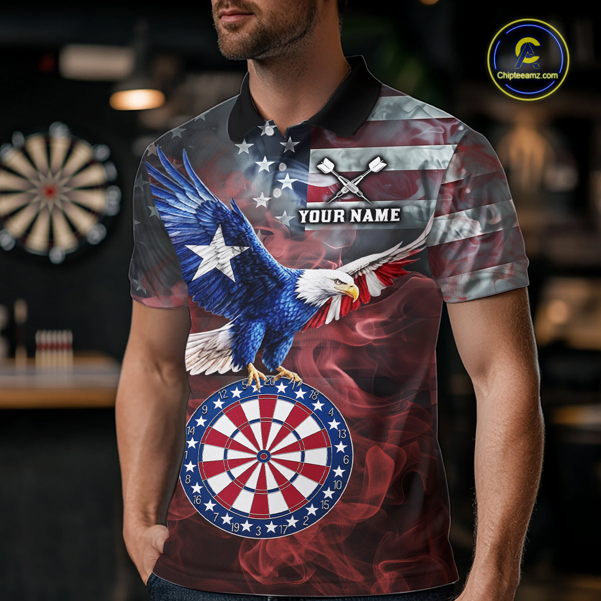 Red Grey Smoke Texas-Eagle Darts Team Shirt For Men Custom US Flag Patriotic Dart Polo 1/4-Zip Jersey NYN4203
