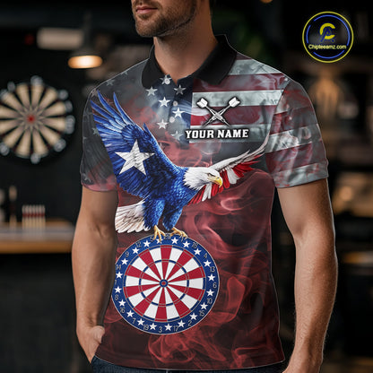 Red Grey Smoke Texas-Eagle Darts Team Shirt For Men Custom US Flag Patriotic Dart Polo 1/4-Zip Jersey NYN4203