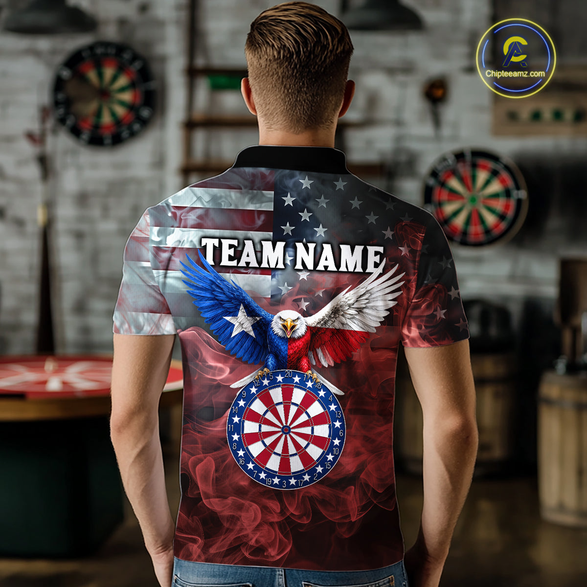 Red Grey Smoke Texas-Eagle Darts Team Shirt For Men Custom US Flag Patriotic Dart Polo 1/4-Zip Jersey NYN4203