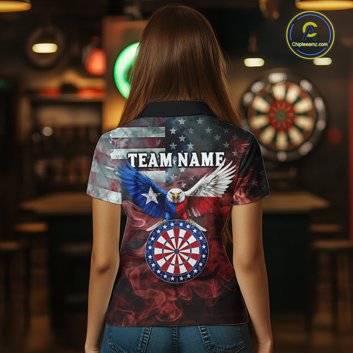 Red Grey Smoke Texas-Eagle Darts Team Shirt For Women Custom US Flag Patriotic Dart Polo 1/4-Zip Jersey NYN4203