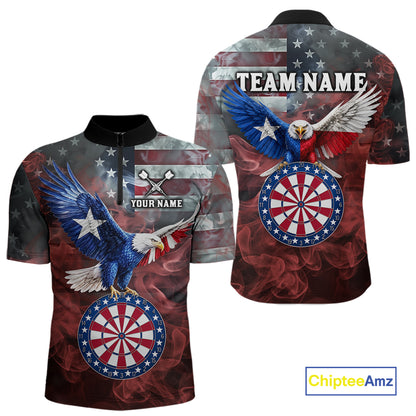 Red Grey Smoke Texas-Eagle Darts Team Shirt For Men Custom US Flag Patriotic Dart Polo 1/4-Zip Jersey NYN4203