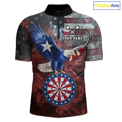 Red Grey Smoke Texas-Eagle Darts Team Shirt For Men Custom US Flag Patriotic Dart Polo 1/4-Zip Jersey NYN4203