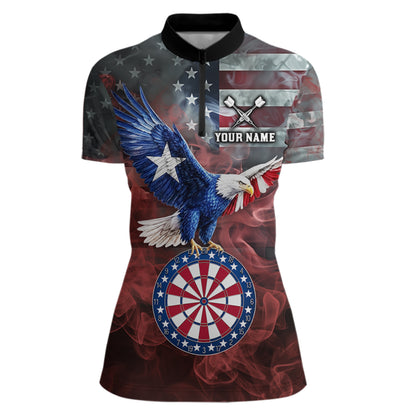 Red Grey Smoke Texas-Eagle Darts Team Shirt For Women Custom US Flag Patriotic Dart Polo 1/4-Zip Jersey NYN4203