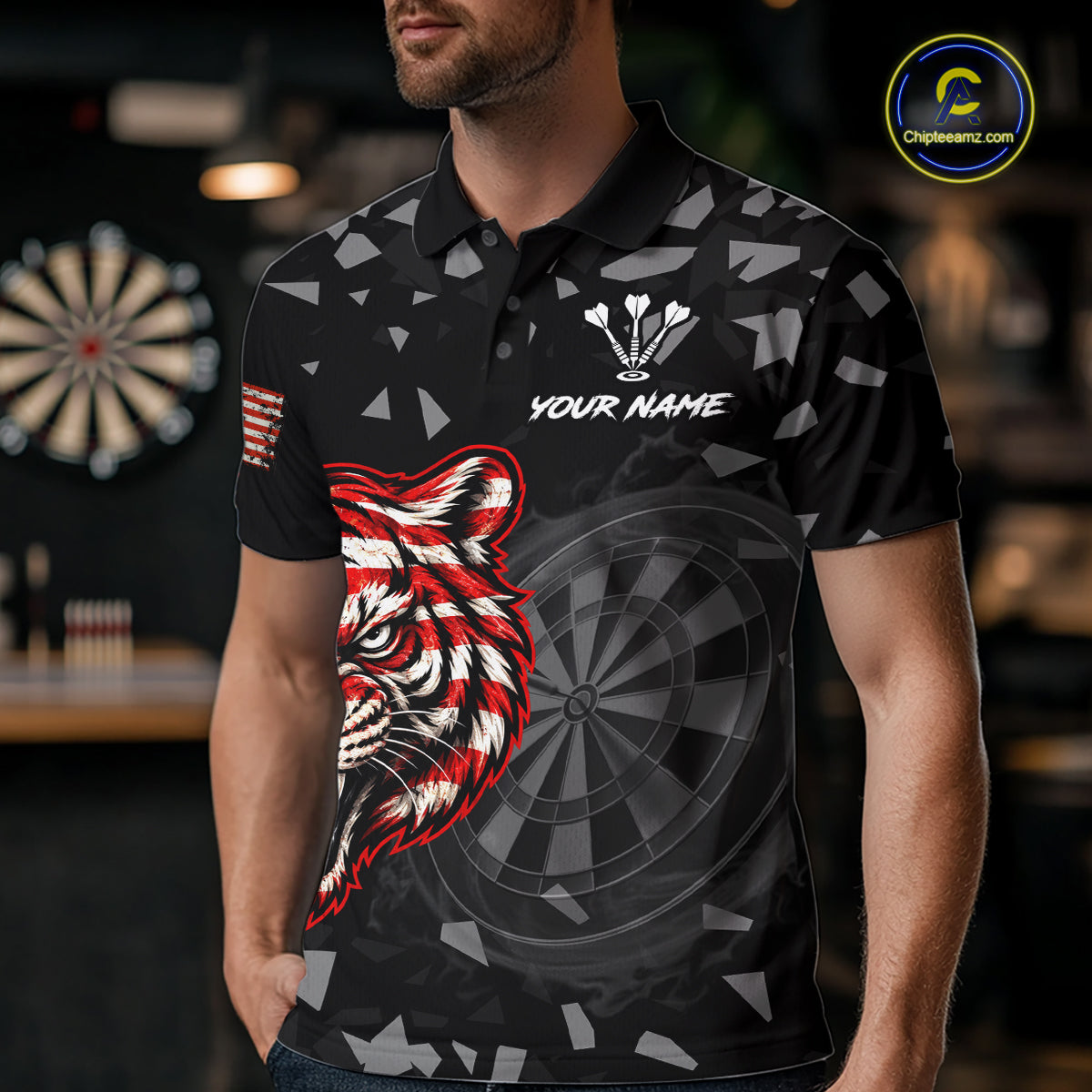 USA Flag Tiger Dartboard Custom Grunge Men Darts Polo 1/4-Zip Shirt Patriotic Darts Team Jersey NYN4958